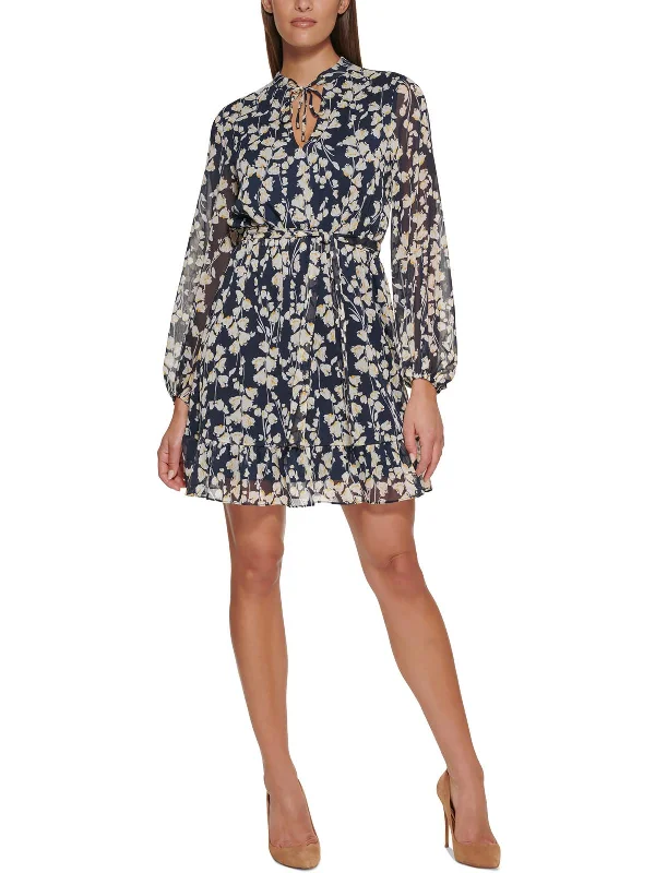 Womens Floral Tie Neck Shirtdress