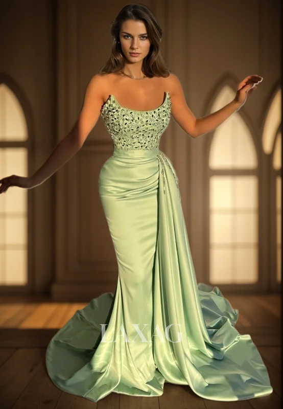 Strapless Beaded Mermaid Party Prom Formal Evening Dress with Train