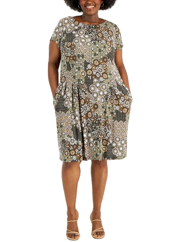 Plus Womens Printed Short Sleeve Fit & Flare Dress