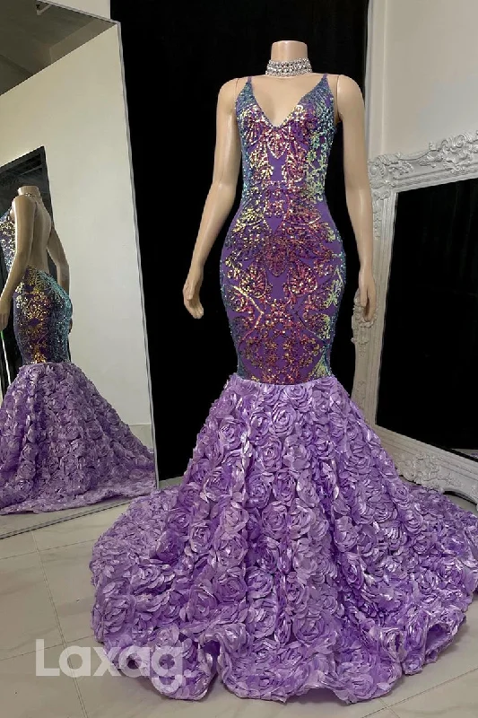 22579 - Spaghetti Straps Backless Sequins Appliques Mermaid Prom Dresses for Black Girl Slay