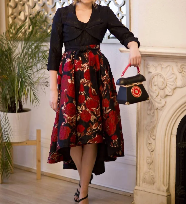 Brocade Dress With Bolero Jacket in Black/Red