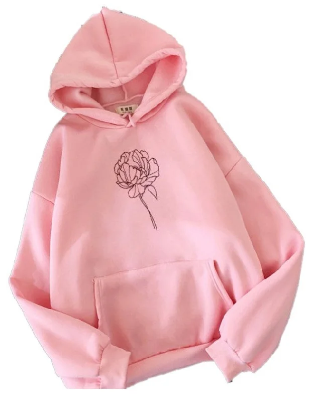 Velvety Soft Sweatshirts Embroidered Rose Front Pockets Attached Hood