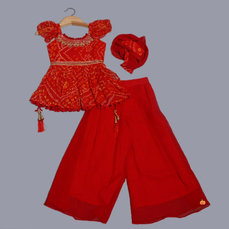 Red Ruffled Sleeves Girls Palazzo Suit