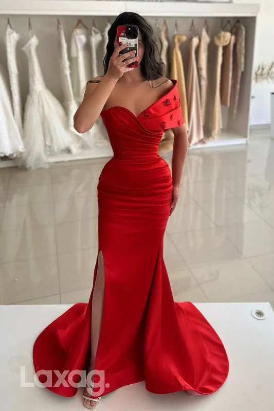 14711 - Off Shoulder Red Satin Ruched Mermaid Long Semi Formal Prom Dress with Slit