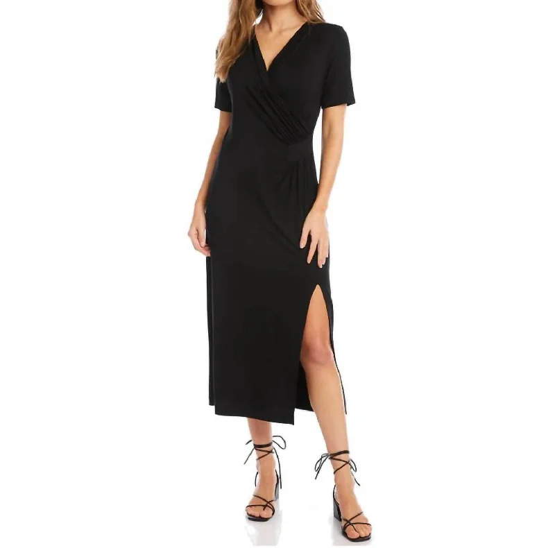 Faux Wrap Midi Dress In Black