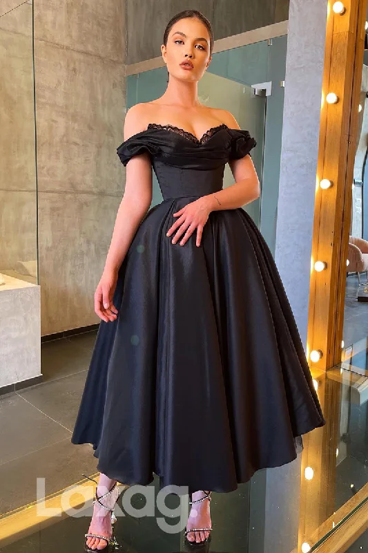 12759 - Off Shoulder Open Back A-Line Ankle Length Black Prom Dress