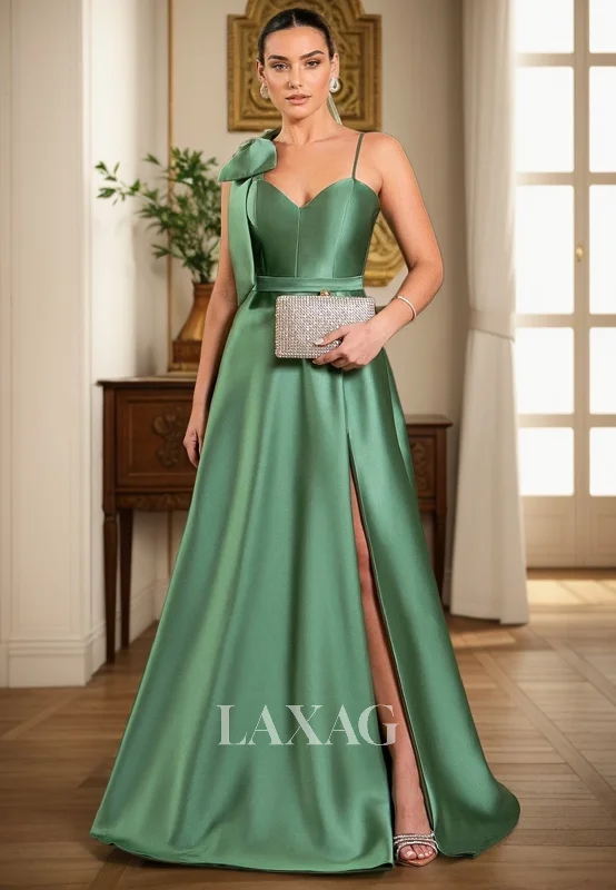 A-Line Spaghetti Straps Sleek Satin Party Prom Formal Evening Dress with Slit