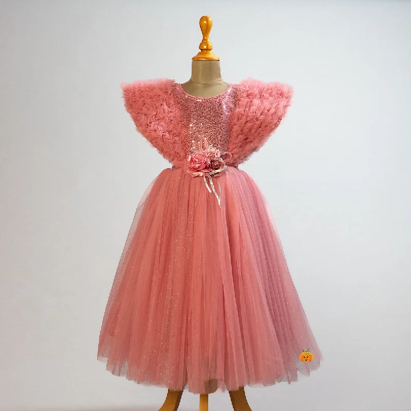 Peach Ruffled Sleeves Long Girls Gown