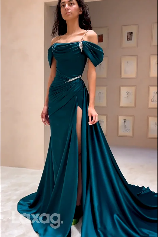 22146 - Off-Shoulder Beaded Draped Sleek Satin High Slit Prom Dress with Train