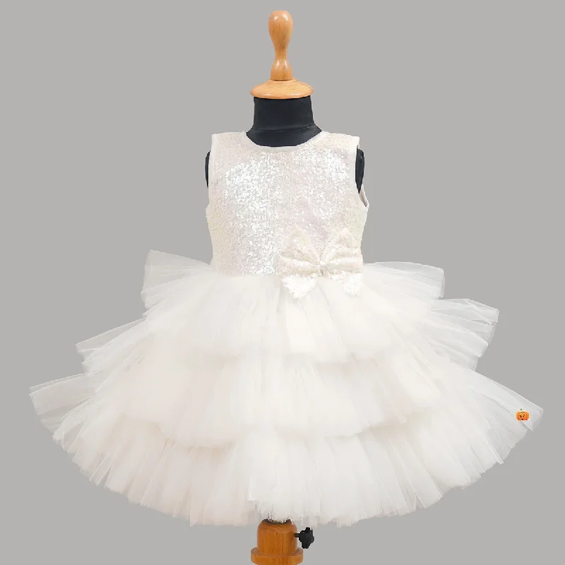 White Sequin Bow Girls Frock