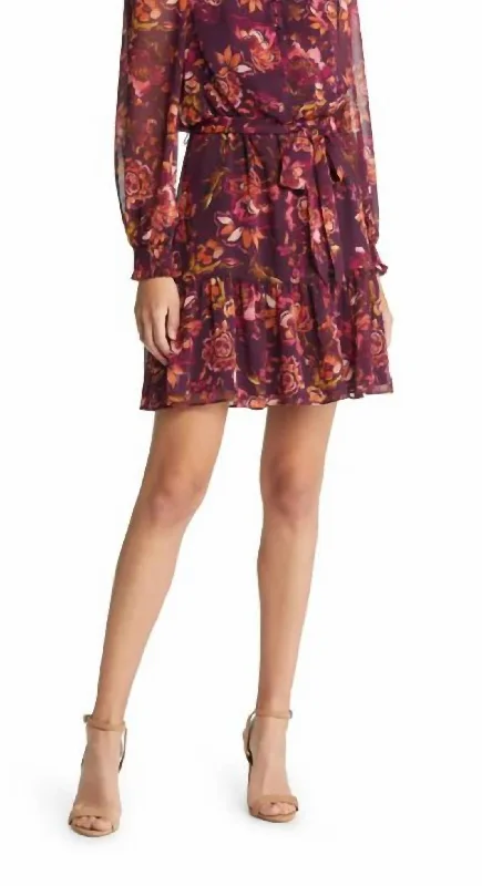 Long Sleeve Chiffon Fit And Flare Dress in Wine Floral