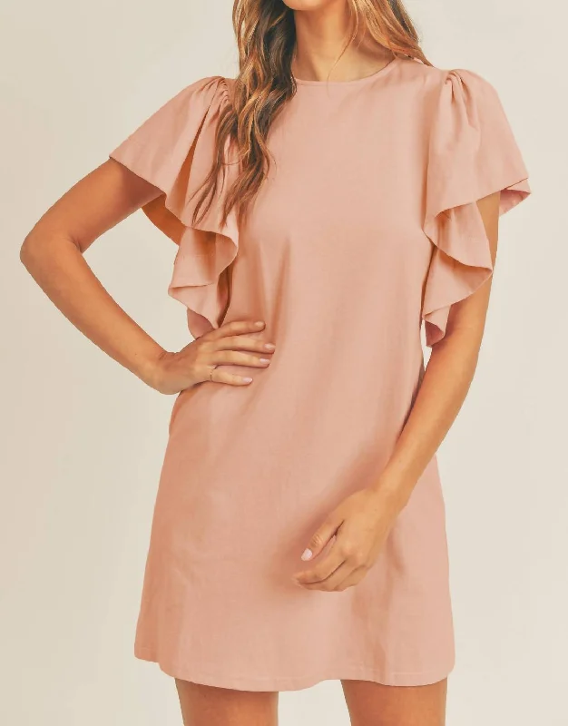 Cotton T-Shirt Big Ruffle Sleeve Dress In Dusty Rose