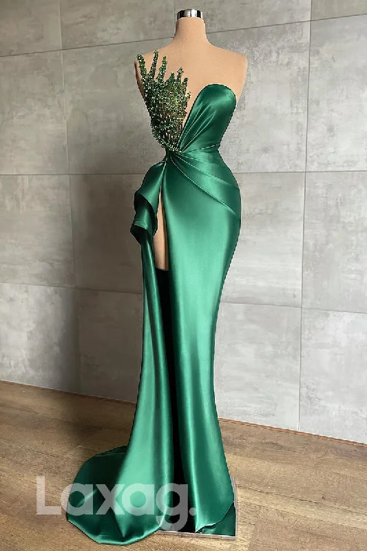 13712 - Beaded High Split Pleated Green Prom Evening Dress