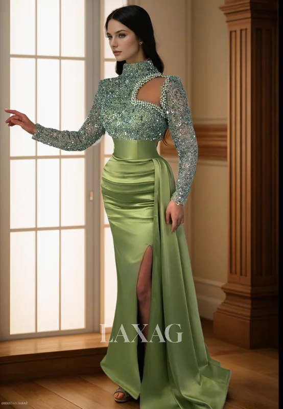 23171 - High Neck Long Sleeves Cutout Pearls Sequins Party Prom Formal Evening Dress with Slit