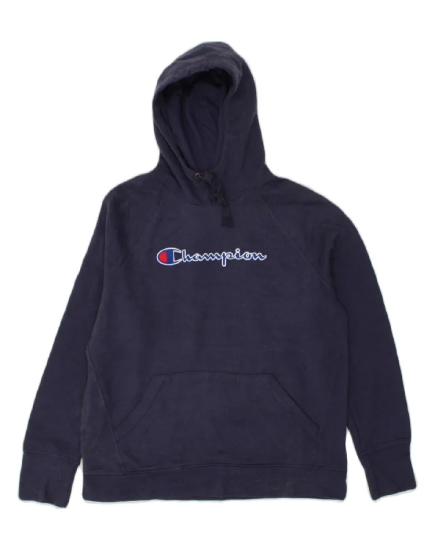 CHAMPION Womens Graphic Hoodie Jumper UK 16 Large Navy Blue Cotton