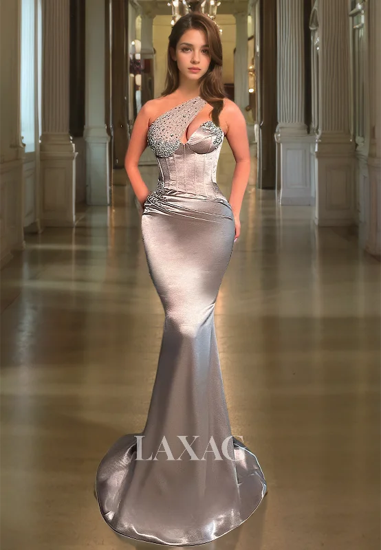 Asymmetrical-Neck Off-Shoulder Sleeveless Beaded Pleated Mermaid Prom Dress with High Slit