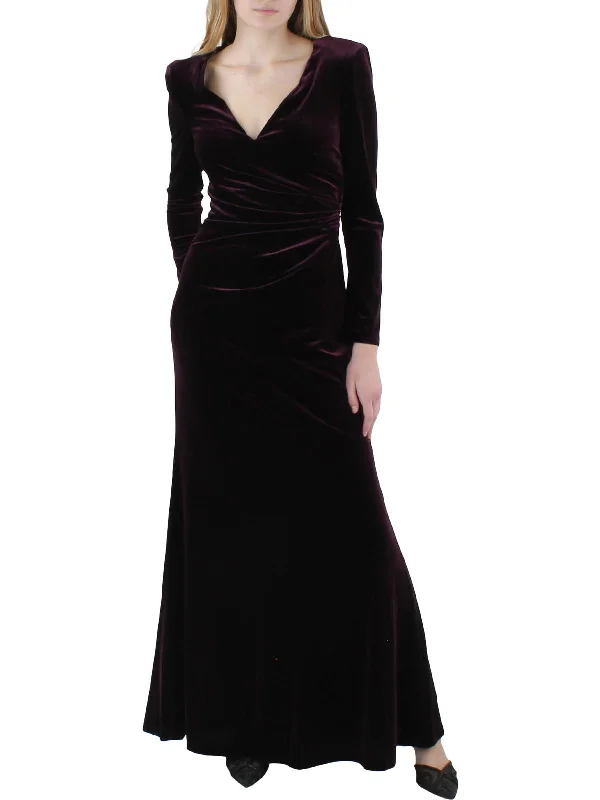 Womens Velvet Gathered Evening Dress