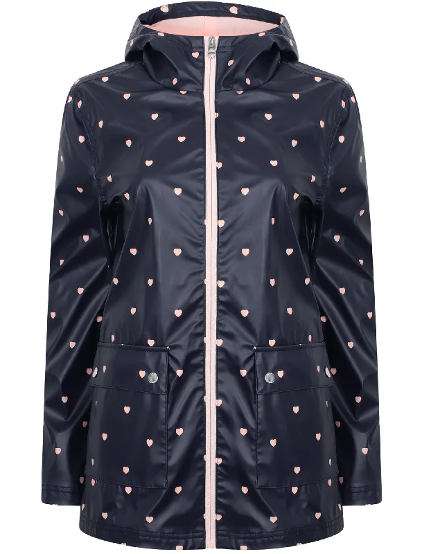 Shine Heart Print Hooded Rain Coat In Navy - Tokyo Laundry