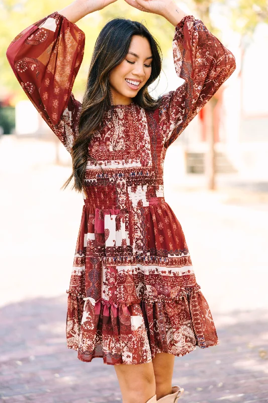 This Is The Day Burgundy Red Mixed Print Dress