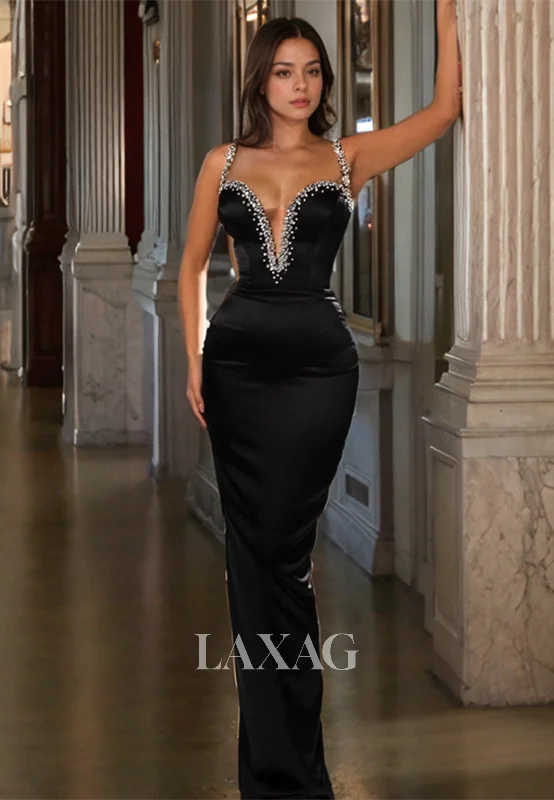 12775 - Black Crystal Straps Deep V-Neck Sheath Prom Evening Dress