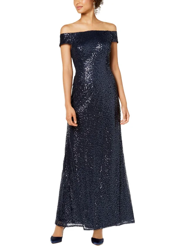 Womens Sequined Off-The-Shoulder Evening Dress