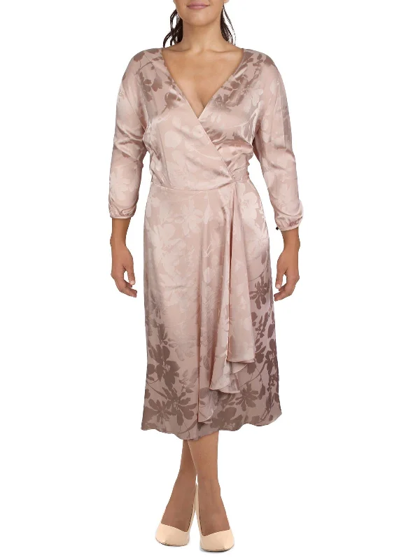 Plus Womens Puff Sleeve Midi Wrap Dress