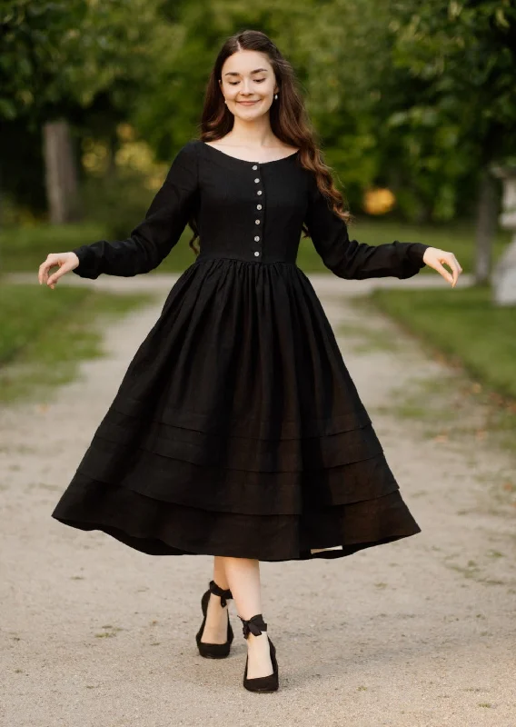 Eyre Dress, Long Sleeve, Black Pansy