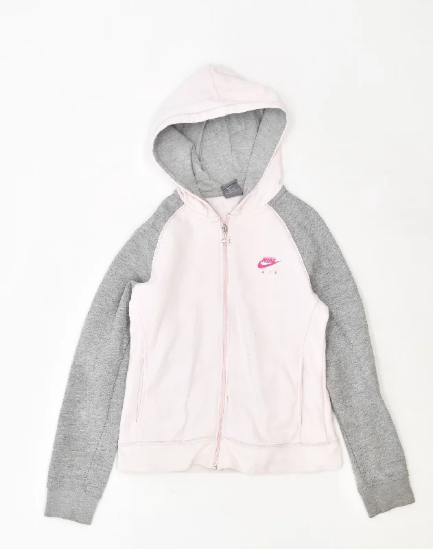 NIKE Womens Graphic Zip Hoodie Sweater UK 10/12 Medium Pink Cotton