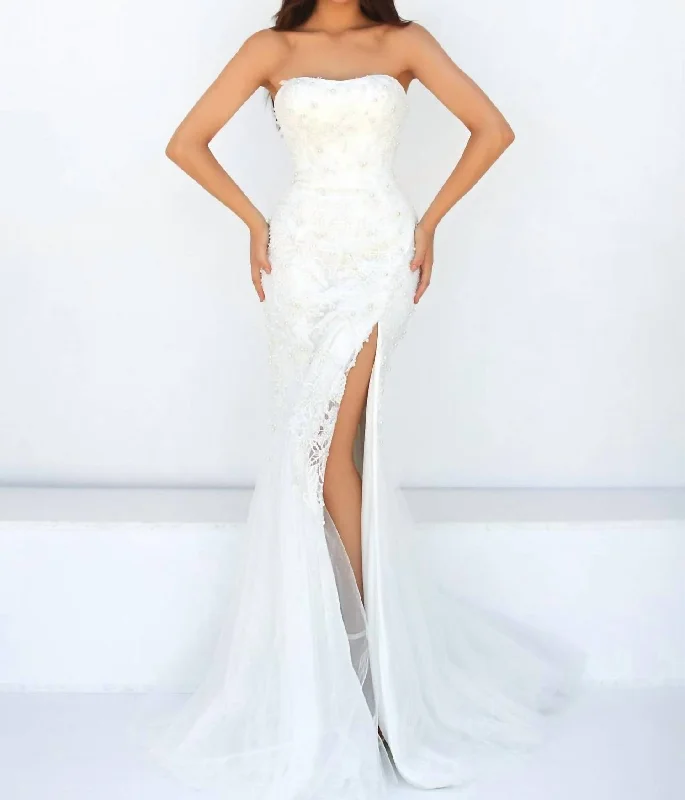 Beaded Top Mermaid Dress With Slit in Ivory