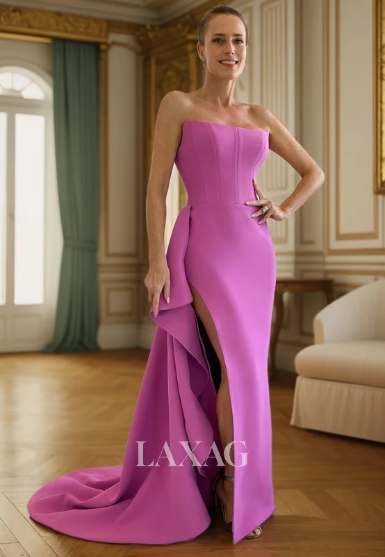 Strapless Sleek Satin High Slit Party Prom Formal Evening Dress with Train