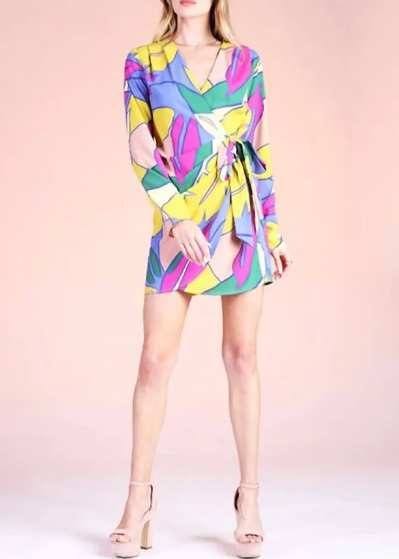 Tropical Paradise Long Sleeve Tulip Wrap Dress In Multi