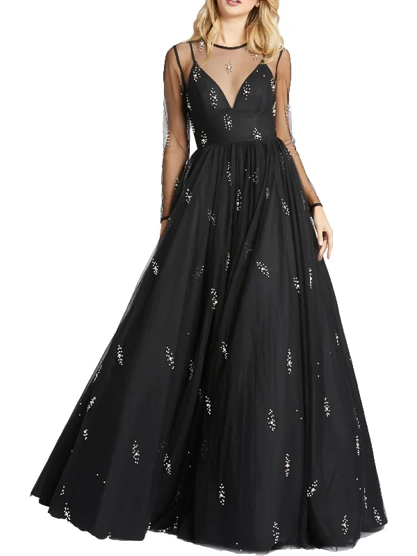 Womens Embellished Sheer Evening Dress