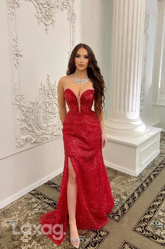 22160 - Low V-Neck Illusion Sparkly Beaded Sleek Satin  Mermaid Prom Dress with Slit