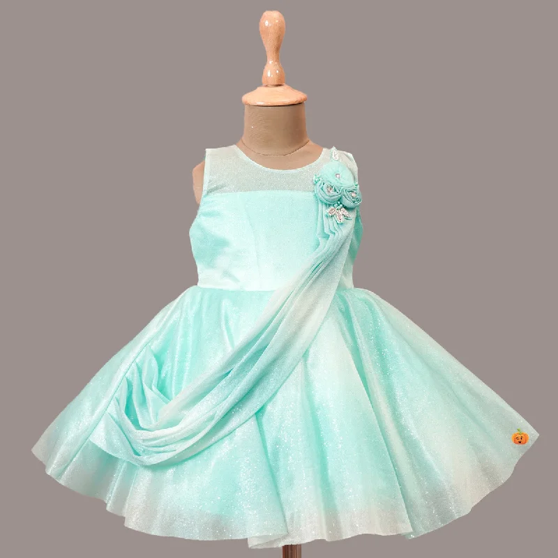 Sea Green Party Wear Frock for Kids with Glitter Patterns