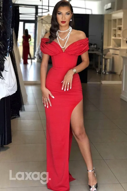 15748 - Red Off-Shoulder Floor-Length Prom Evening Dress With Side Split