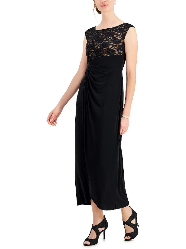 Petites Womens Lace Overlay Full Length Evening Dress