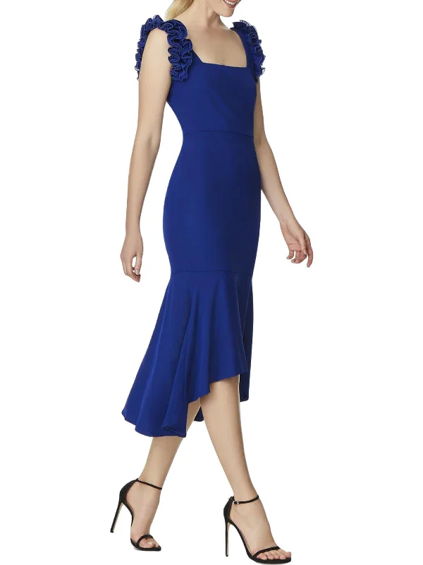 Womens Ruffle Sleeve Midi Cocktail and Party Dress