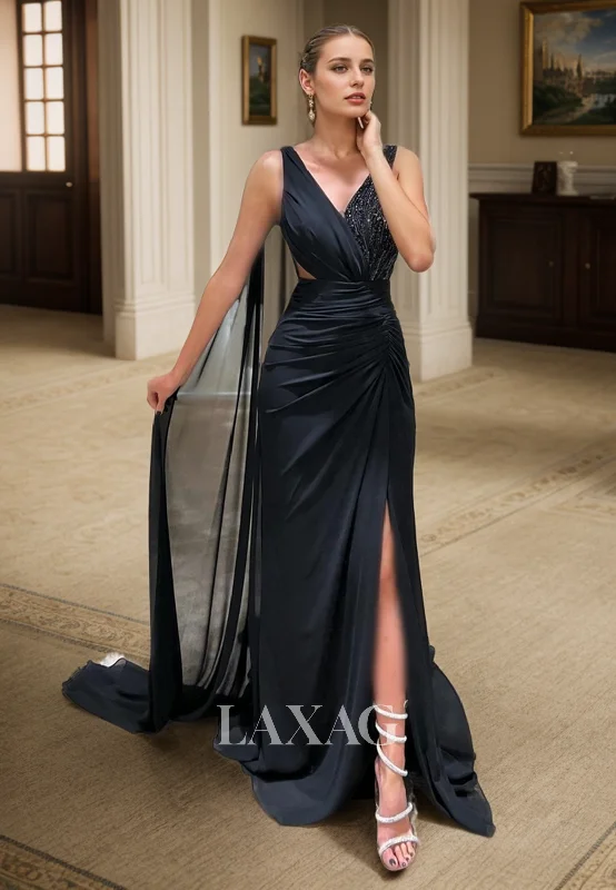 23161 - V-Neck Sequins Party Prom Formal Evening Dress with Slit and Overlay