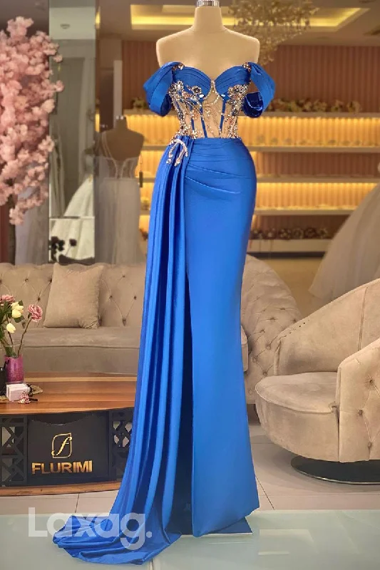 22277 - Off Shoulder Sweetheart Beaded Sleek Satin Party Prom Formal Evening Dress