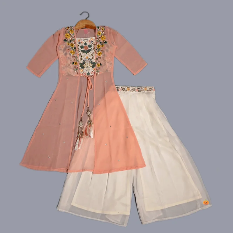 Peach Floral Embroidery Girls Palazzo with Shrug