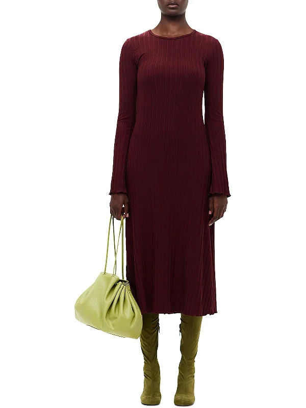 Wells Womens Ribbed Knit Calf Midi Dress