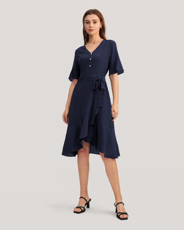 Ruffle Trim V Neck  Silk Dress Ginger