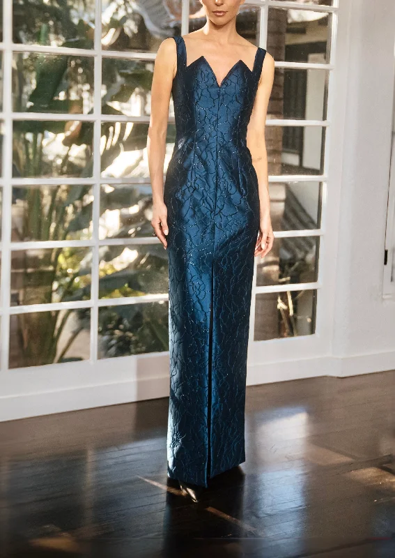 Split V Bodice Column Gown In Sapphire And Black French Brocade