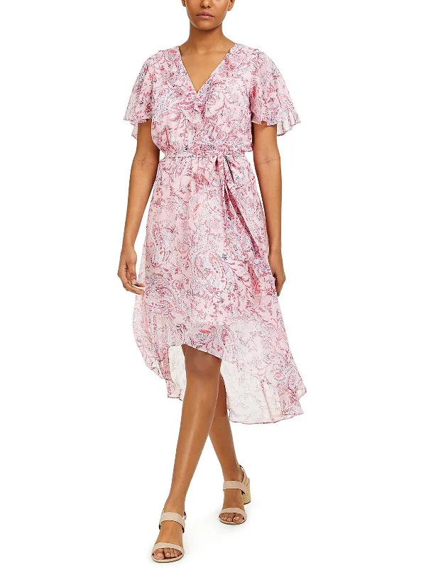 Womens Ruffled Floral Print Midi Dress