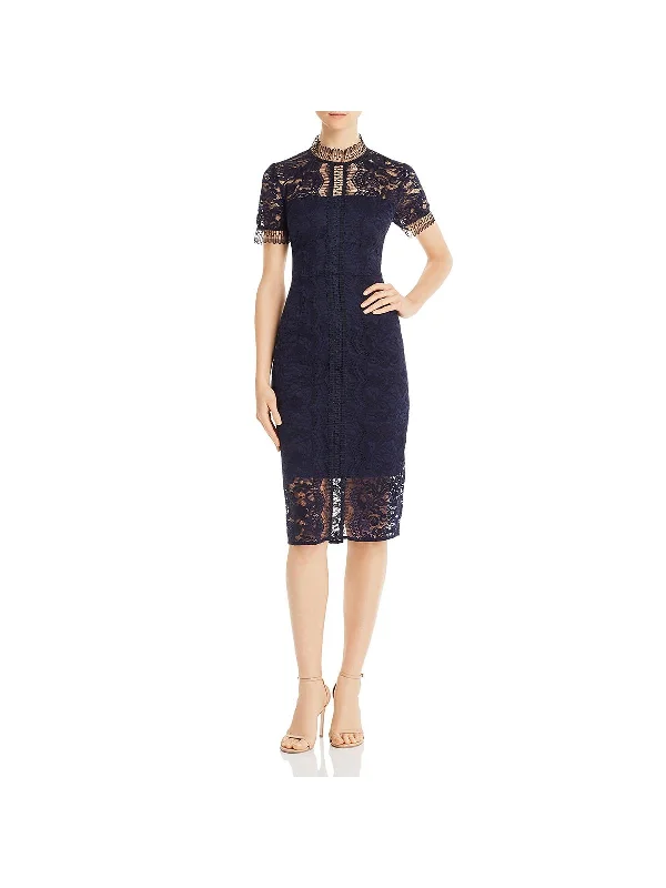 Womens Lace Overlay Mock Neck Sheath Dress