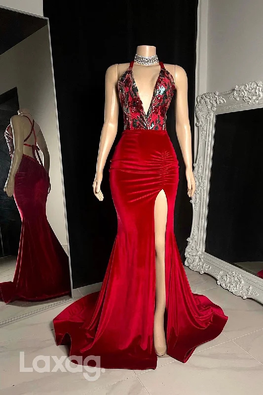 22466 - Halter Low-Neck backless Sequins Mermaid Prom Dresses for Black Girl Slay