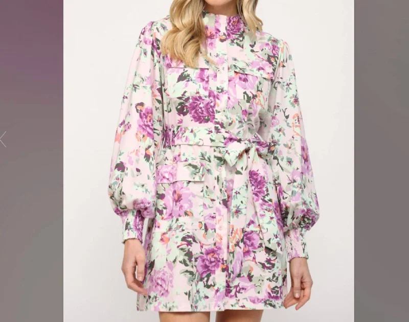 Linen Blend Shirt Dress in Floral Print