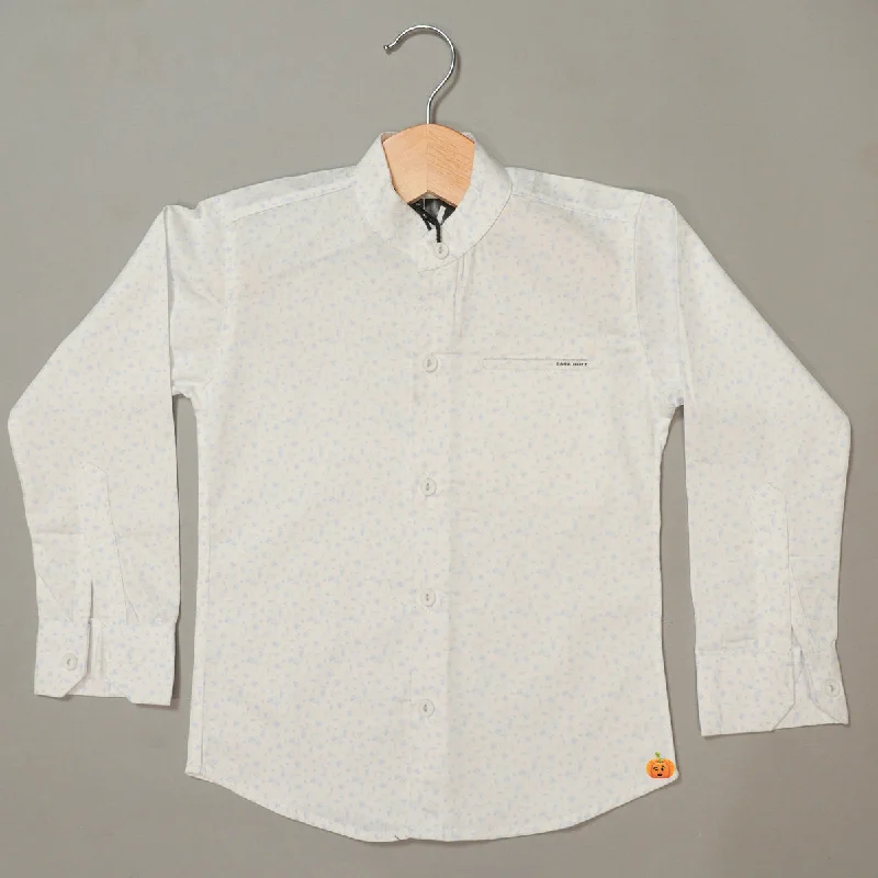 White Mandarin Collar Printed Boys Shirt