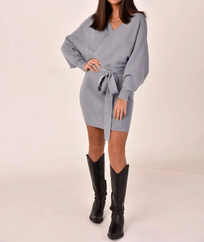 Long Sleeve Wrap Sweater Dress In Blue Ash