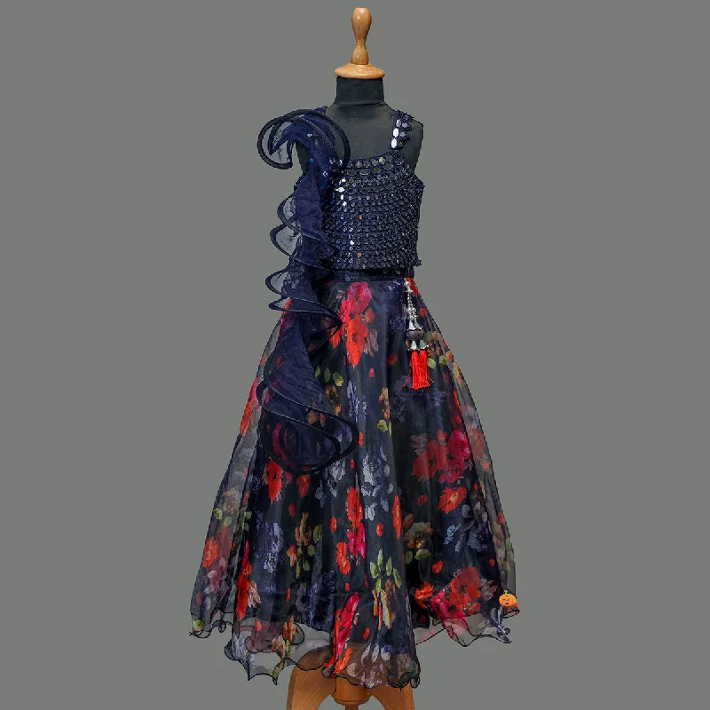 Navy Blue Mirror Work Girls lehenga Choli